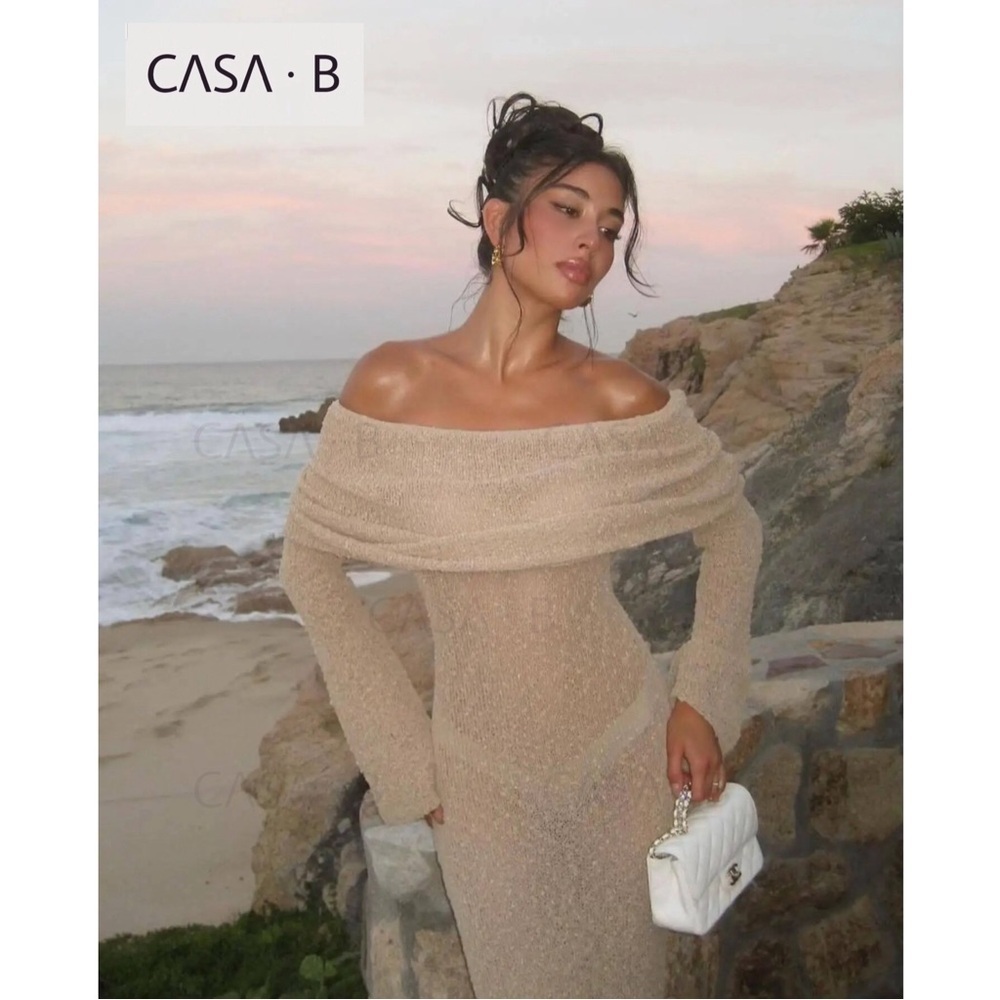 NEW to CASA B💫| Soriana Off the Shoulder Boucle Long Sleeve Draped Maxi Dress - Picture 9 of 13